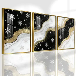 3 Counts Aluminum Alloy Framed Painting, Black White And Gold Snowflake Abstract Art Pictures, Home Decoration For Living Room, Bedroom, Office, Restaurant, Hallway Wall Decor, Odorless Print Artwork, Luxury Perfect Gift For Friends And Family