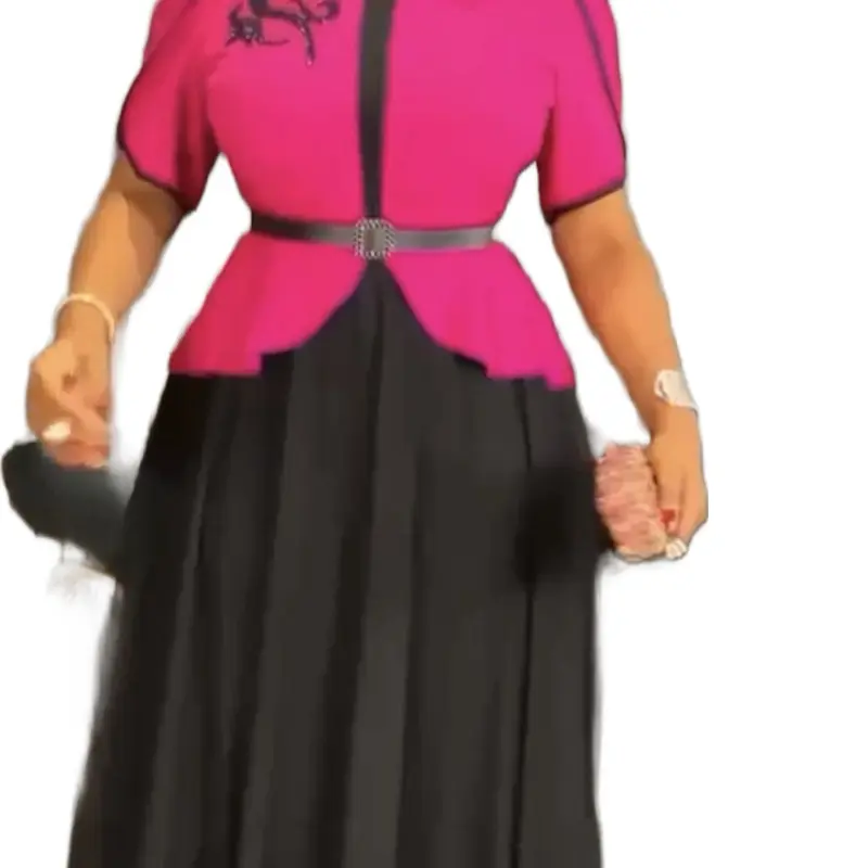 Women's Fuchsia & Black Puff-Sleeve Peplum Maxi Dress