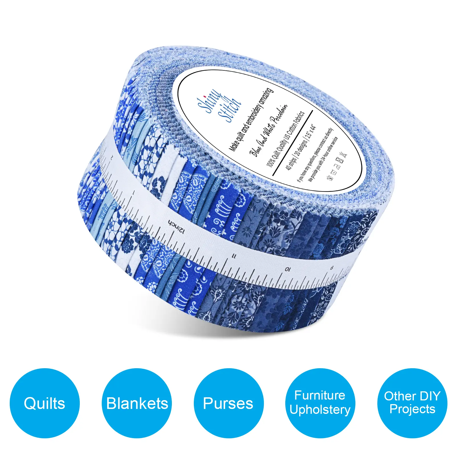 ShinyStitch Precut Fabric Strips Roll, 40 Pieces Precut Fabric Strips 2.5" x 44", Soft Premium Cotton Quilting Fabric for Patchwork, Quilt Making, Hand Sewing Projects, DIY Crafts, Blanket & Handmade Sewing Supplies,Blue and White Porcelain