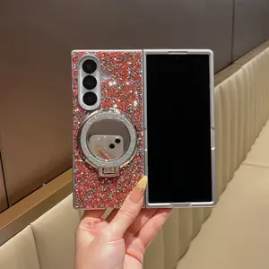 Silver Color Magnetic Mirror Phone Case with Stand, Foldable Cover for Samsung Z Fold 3/4/5/6/7, Full Protection Makeup Mirror Design