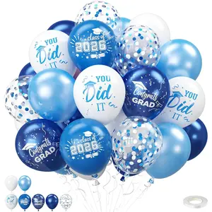 Graduation Balloons, 12 inch Navy Blue White Silver Graduate Ballons for Grad College High School Class of 2026 Congrats Grad Party Decorations