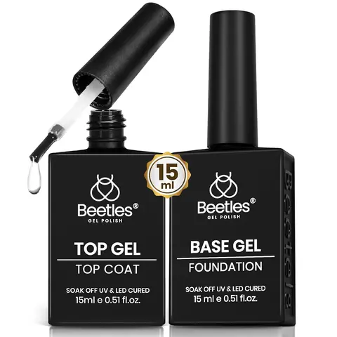 Beetles Halloween Gel Nail Polish 2-Pack No-Wipe Base & Top Coat Set, 2x15ml UV-Cure Soak-Off Formula with Self-Leveling Brush for Adults’ Salon-Level Glossy, Chip-Resistant Gel Manicure Nails Supplies Selfcare Acrylic Base & Top Coat Products