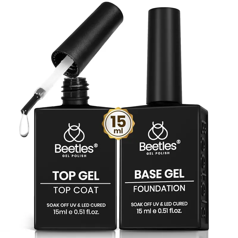 Beetles Halloween Gel Nail Polish 2-Pack No-Wipe Base & Top Coat Set, 2x15ml UV-Cure Soak-Off Formula with Self-Leveling Brush for Adults’ Salon-Level Glossy, Chip-Resistant Gel Manicure Nails Supplies Selfcare Acrylic Base & Top Coat Products
