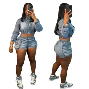two-piece set woman Denim Women Sets Long Sleeve Stretch Crop Jean Jacket Tops and Short Jeans Suit Streetwear Tracksuit 2 Piece Fitness Outfits Set