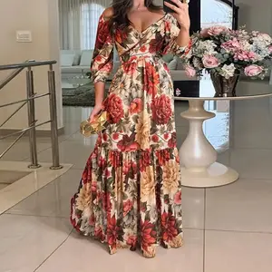 Summer Spring New Dress Women 2025 Beach Fashion Long Casual Light Check Womenswear Gamis Beige Bohemian Boho Print Shortsleeve Vneck