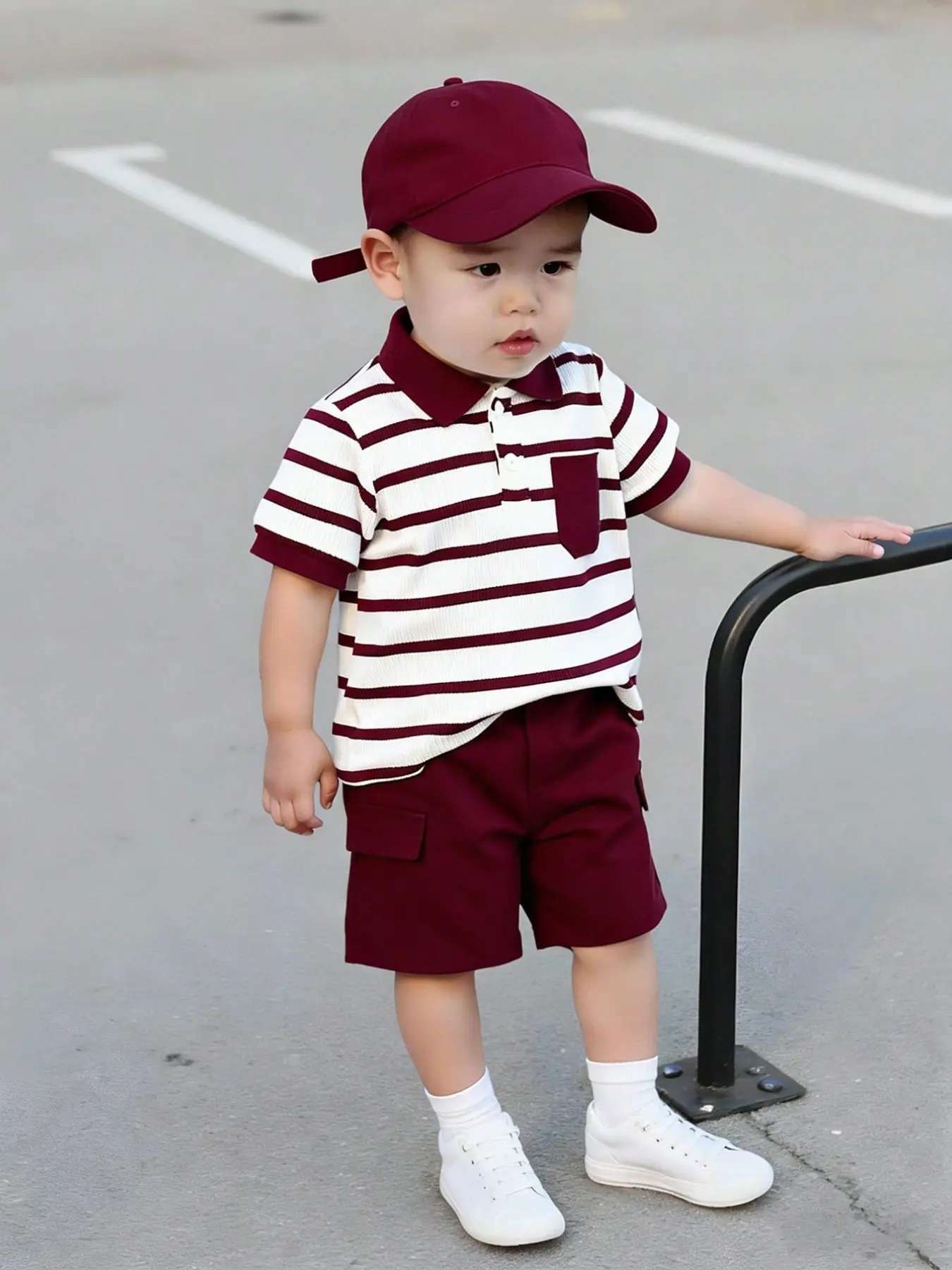 Baby Boys Summer New Striped Pocket Short Sleeve Polo Shirt + Casual Solid Color Shorts Set, Baby Boy Clothes, Baby Clothing, Perfect for Beach Vacation