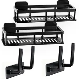 4Pack Spice Rack Shower Caddy Paper Towel Holder Hat Hooks Wall Mounted Floating Shelves Hanging Organizers Storage for Kitchen Utensil Stove Cabinet Pantry Door Bathroom RV Adhesive or Screw Black