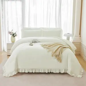 5 Pieces Ivory Twin Size Bedding Set for Kids Girls Beige Ruffled Bed in A Bag with Sheets Farmhouse Comforter Set Bed Sets(Ivory Twin)