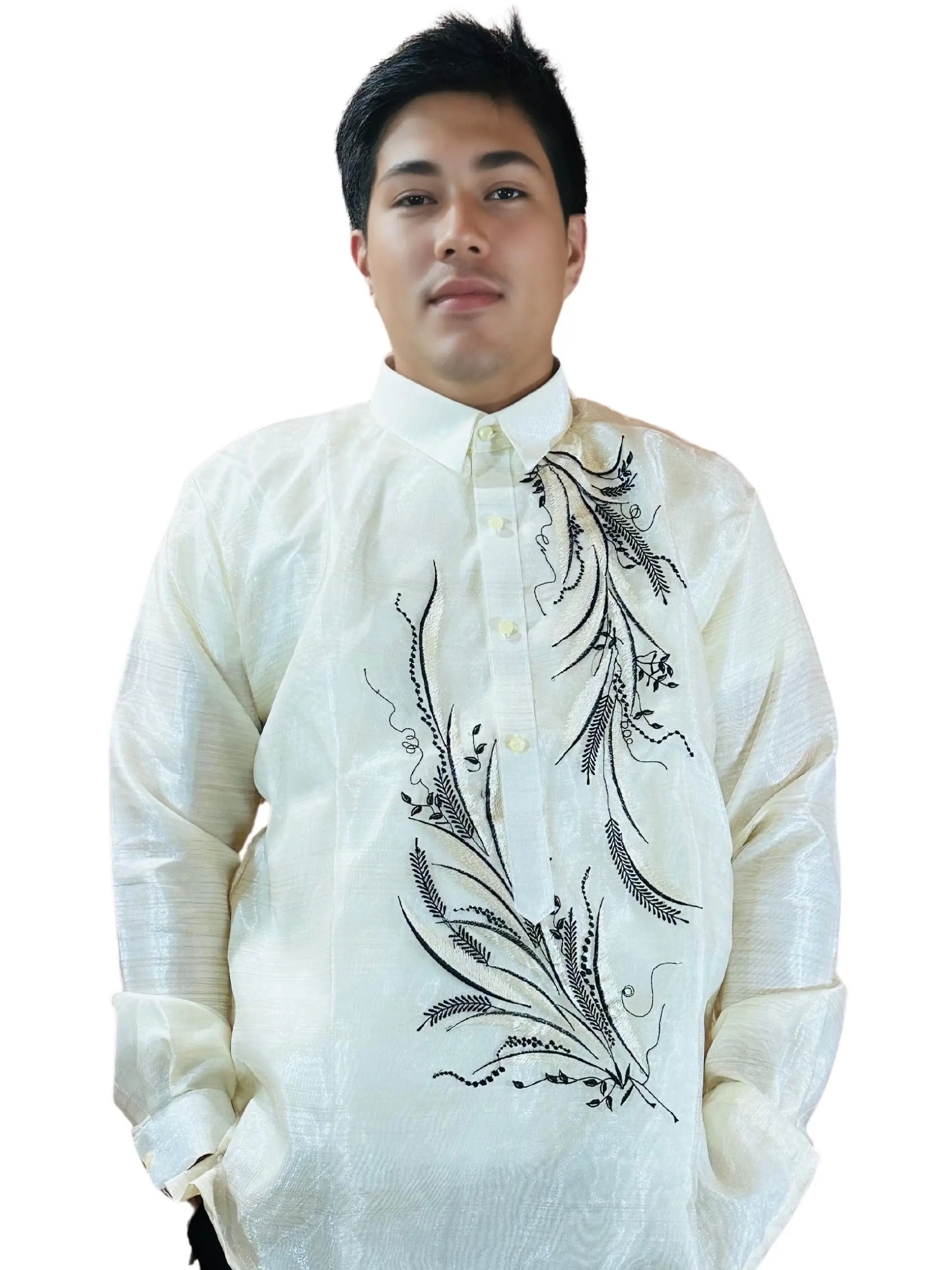 Handmade Kapamilya Barong Tagalog for Men - Long Sleeve Modern Filipino Shirt - White Organza with Black Feather Embroidery - US Size