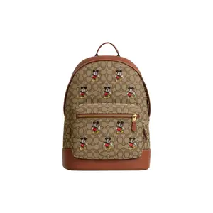 COACH X Disney Collaboration Classic Monogram Mickey Print Zipper Closure Fabric And Leather Backpack Large Unisex Couple Style Khaki And Brown