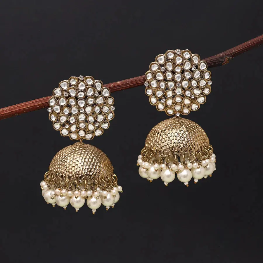 Gold Jhumka Kundan Earrings With White Pearls