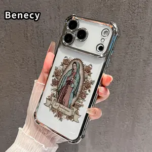 Protective Four Corners Plated Clear Phone case for iPhone 17 Pro Max 16 15 Plus Air 14 13 12 11 E Guardian Angel Patterned Shockproof Transparent Soft Silicone Cover