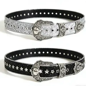 Sparkly Rhinestone Decor Belt, Y2K Hip Hop Style Floral & Star Motifs, Adjustable Belts for Daily Clothing Decor & Parties, Fashion Accessories