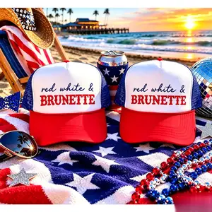 Women Red White Brunette Canvas Mesh Trucker Snapback Hat, Patriotic 4th of July American Flag Country Baseball Cap for Ladies Hot Girl Summer & Graduation Gifts