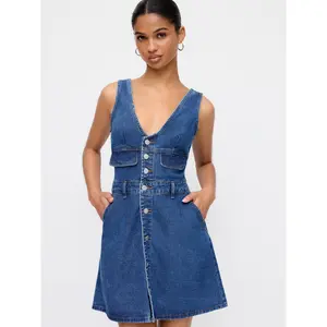 Cider Cider Denim V-Neck Metal Detail Oversized A-line Mini Dress SwimWeek