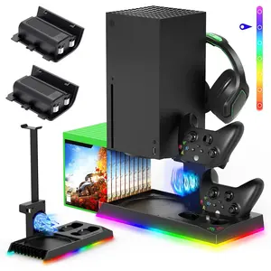Upgrade Stand for  Series X with  Cooling Fan& RGB Lights, Charging Station with Controller Charger Dock &Game Storage Rack Organizer& Headset Stand with 2X1400 mAh Rechargeable  Pack