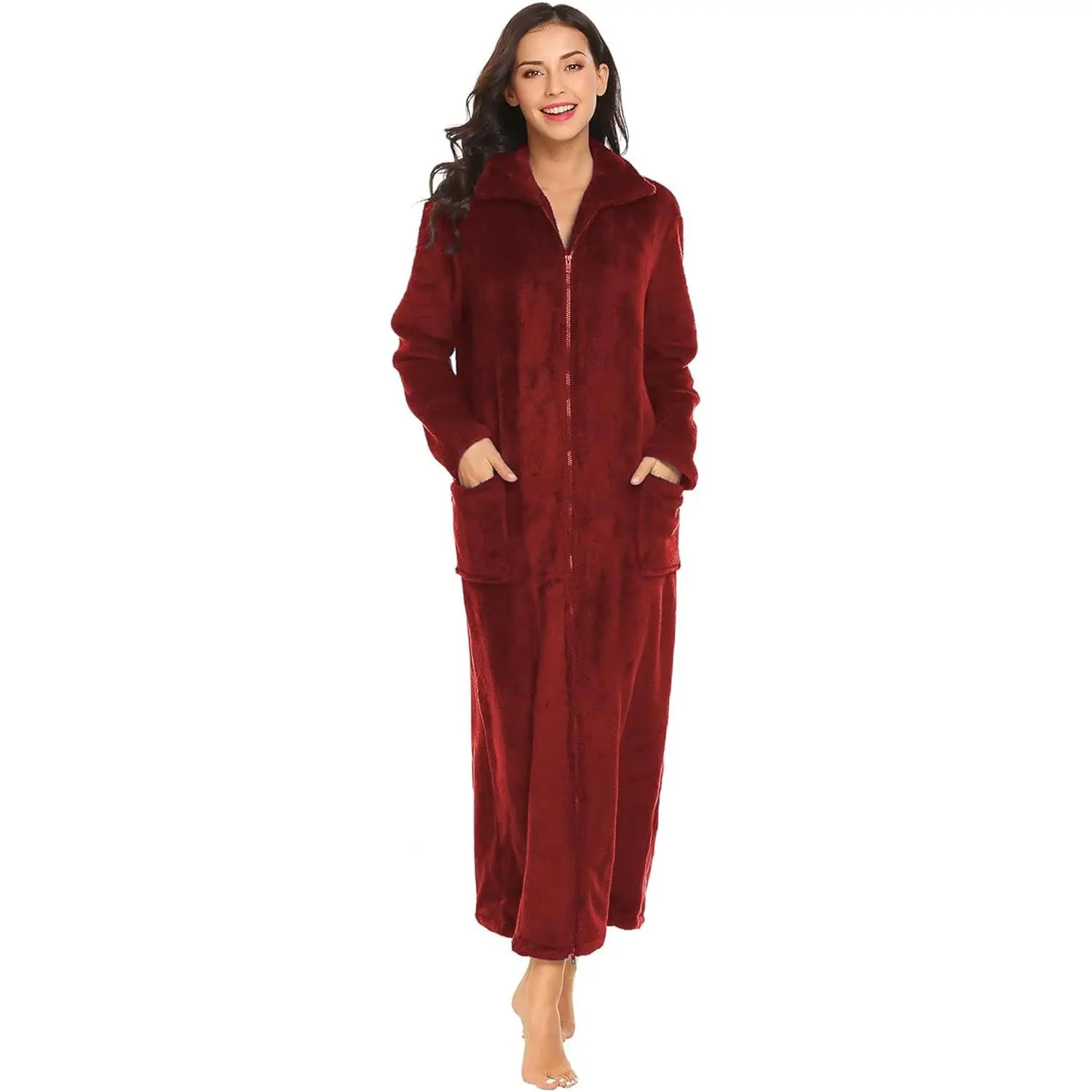 Women's Flannel Robe Zipper Front Robes Full Length Bathrobe(S-XXL)
