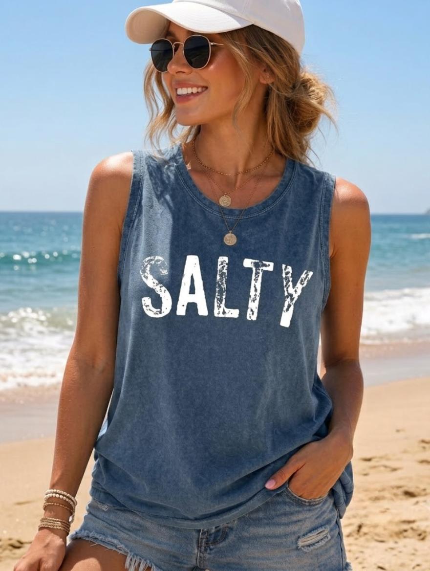 [Sale up to 50%] Comfort Colors Salty Tank Top, Vintage Beach Graphic Sleeveless Shirt, Coastal Summer Tee, Ocean Lover Gift for Women – Shoshana Kersey