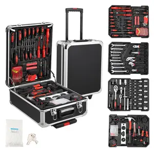 186-Piece Rolling Tool Set, Household Repair Hand Tool Kit with Aluminum Trolley Storage Box, Portable Mechanic Tool Set with Wrench Hammer for Home & Workshop