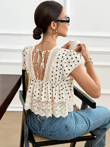 Women's Polka Dot Lace Backless Top, French Romantic Casual Summer Shirt, Ruffle Bubble Sleeve, Perfect for Dates and Beachwear
