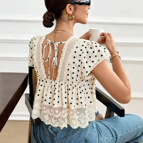 Women's Polka Dot Lace Backless Top, French Romantic Casual Everyday Summer Blouse Shirt, Puff Sleeve, Perfect for Dates and Beachwear