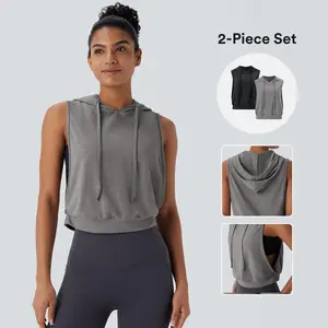 Halara 2 Piece Hooded Drawstring Sleeveless Cropped Running Tank Top Set