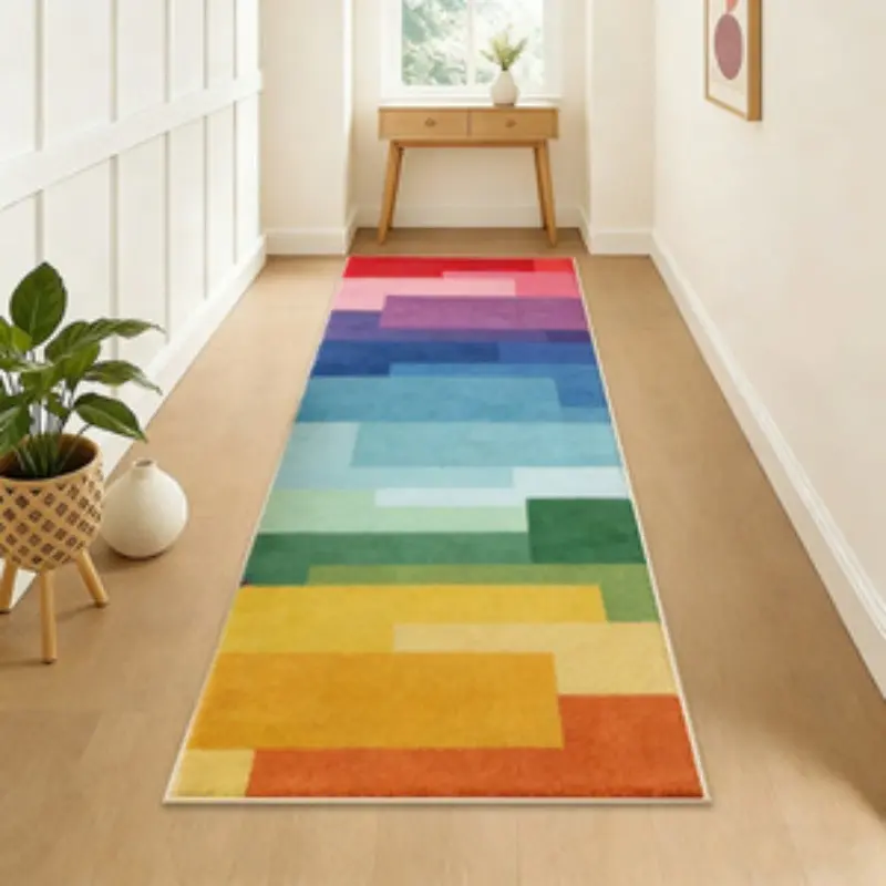 Rainbow Gradient Geometric Runner Rug  Ideal for Hallways and Balconies  Washable & Machine-Friendly  "Dopamine" Color Palette Suitable for Living Rooms, Bedrooms, Bathrooms, Walk-in Closets, and Lounges Geometric Design Rug
