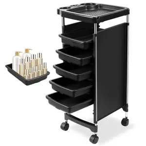 Salon Cart with Wheels and 5 Drawers, Plastic Salon Rolling Car for Stylist, Beauty Rolling Stations for Hair Stylist, Space Saving Beauty Storage Cart for Hairdressing, SPA, Tattoo (Black)