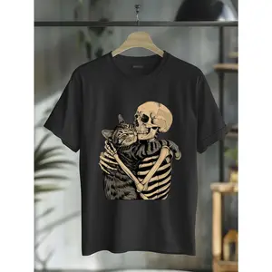 100% Cotton Skeleton Hugging Cat Halloween Cat Lover Cat Dad Mom T-Shirt