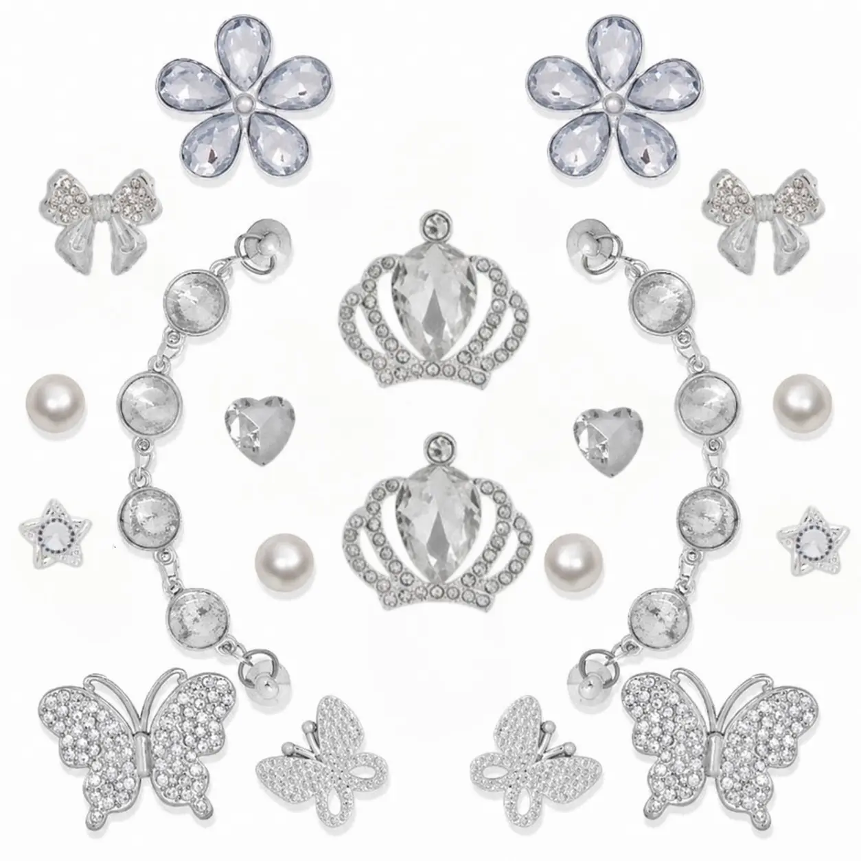 Women's 22-Pc Silver Shoe Charms & Chains - Butterfly, Flower, Pearl, Rhinestone Clog Accessories - Bling DIY Decor for Clogs, Sandals - Party Birthday Gift