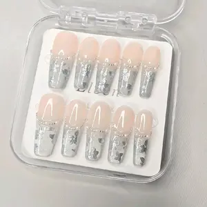 Nude & Light Blue Cat Eye Floral Long Coffin Press On Nails Set