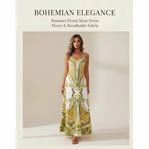 2026 European and American summer new fashion casual women's clothing retro printing suspender long skirt big swing skirt