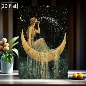 Vintage Distressed Metal Tin Sign,Retro Art Nouveau Moon Goddess Star Dust Iron Wall Sign, Vintage Dark Night Golden Crescent Starry Sky Tin Plaque, Dreamy Witchy Celestial Wall Decor Gift For Women Witch Lovers Anniversary Birthday