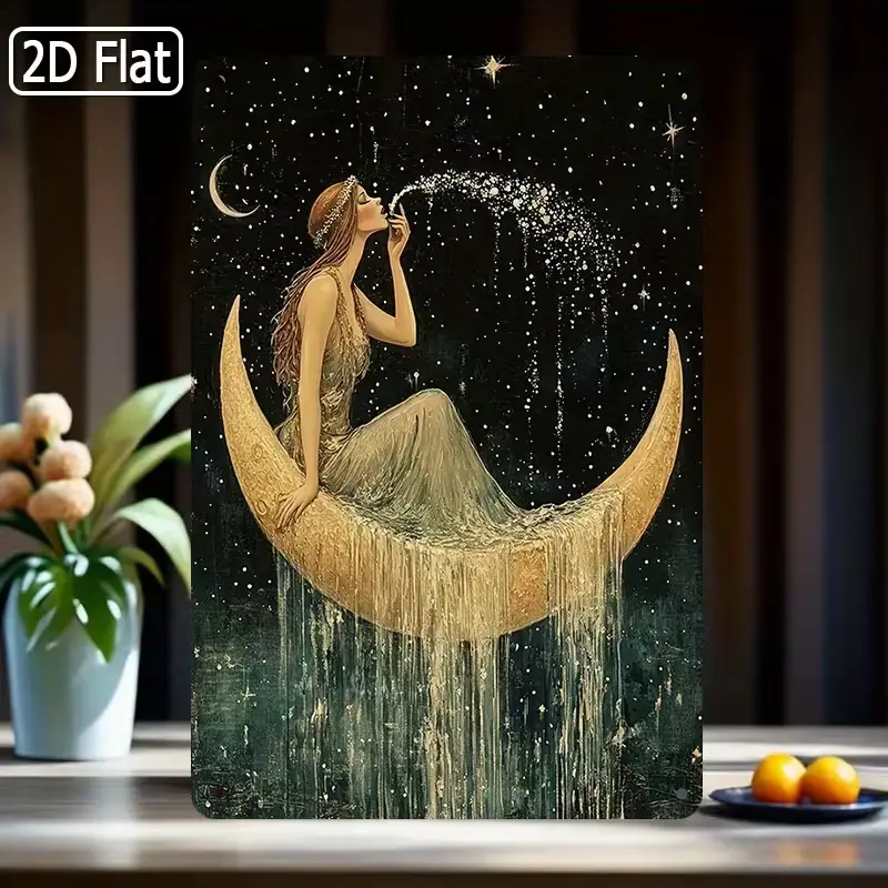 Distressed Look Vintage Metal Tin Sign - Art Nouveau Moon Goddess Star Dust Iron Wall Plaque, Artistic Whimsical Home Decor Gift for Witch Lovers, Dark Night Golden Crescent Starry Sky Witchy Celestial Accent for Anniversaries/Birthdays