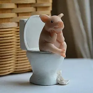 1 Piece Pig Statue Mini Pig Figurine, Resin Home Decor, Lucky Animal Garden Statue for Micro Landscape (Pig Squatting on The Toilet)