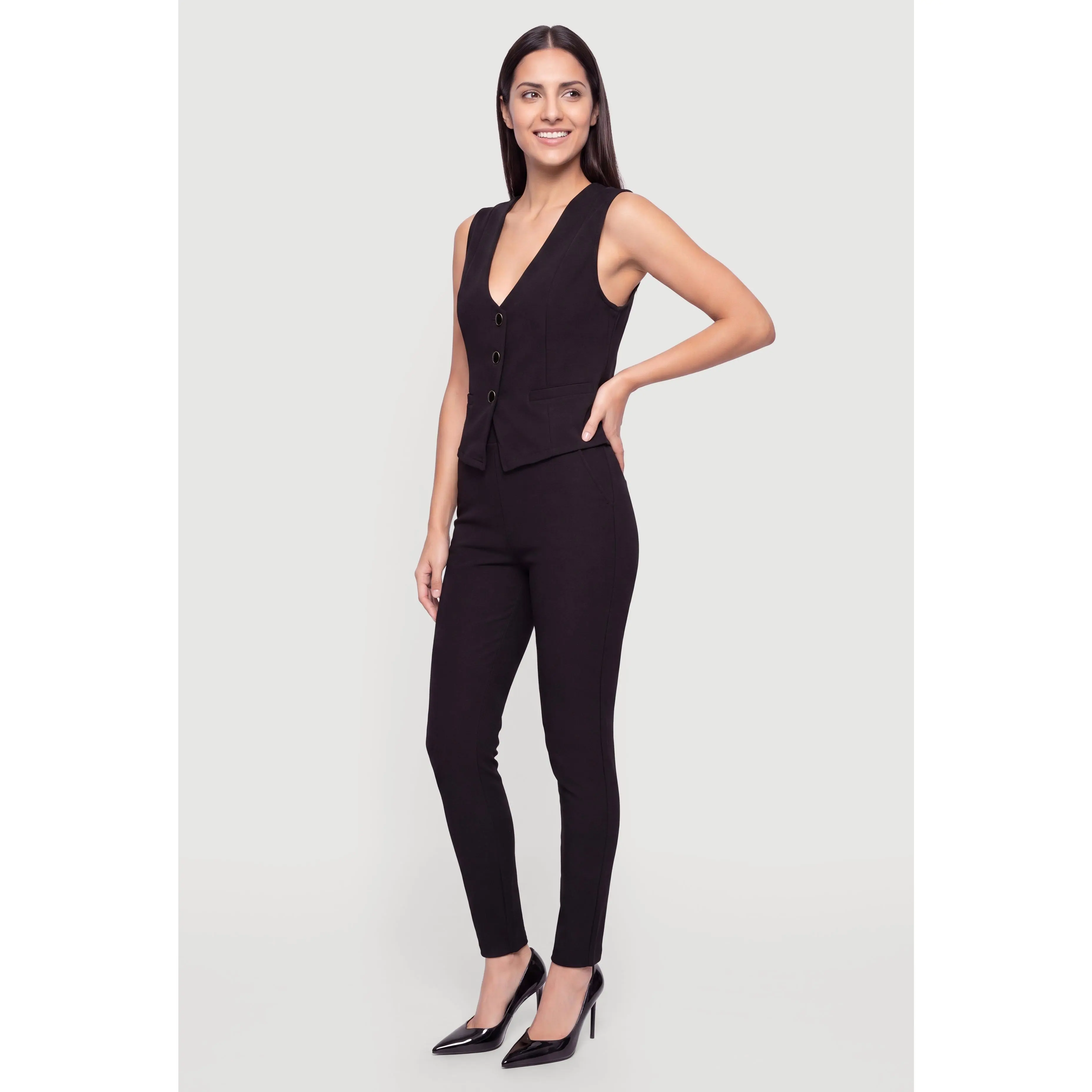 Scuba Metallic Button Front Blazer Vest and Dress Pants