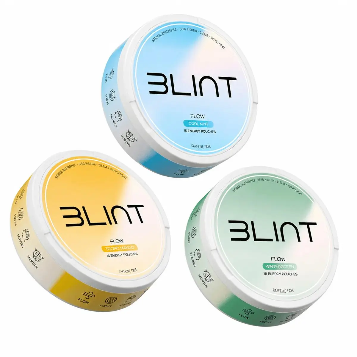 Blint Flow Pouches - Nootropics with Clean Ingredients for Sharp Focus Smooth Energy Enhanced Cognition Nicotine-Free Caffeine-Free No Jitters Crash or Dependency (3 Cans)