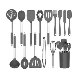 Stainless Steel Kitchen Utensil Set 15PCS, Nonstick Cooking Utensils Set, Spatula & Kitchen Tools Set, Durable Heat Resistant Kitchen Gadgets for Cooking (Gray)