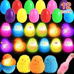 12 Pack Easter Eggs Fillers LED Chick Puffer Balls, Easter Basket Stuffers with Light Up Stress Relief Fidget Toys Squeeze Ball, Easter Egg Hunt Party Favor for Kids Boys Girls Toddler Teens