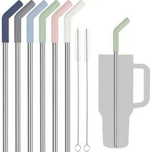 6-Pack Morandi Colors Silicone Tip Stainless Steel Straws for 40oz Stanley Tumblers with 2 Cleaning Brushes, BPA-Free 13" Long Healthy & Safe for Outdoor & Home Use, Enhances Drink Enjoyment Colorful Set Utensils Handy