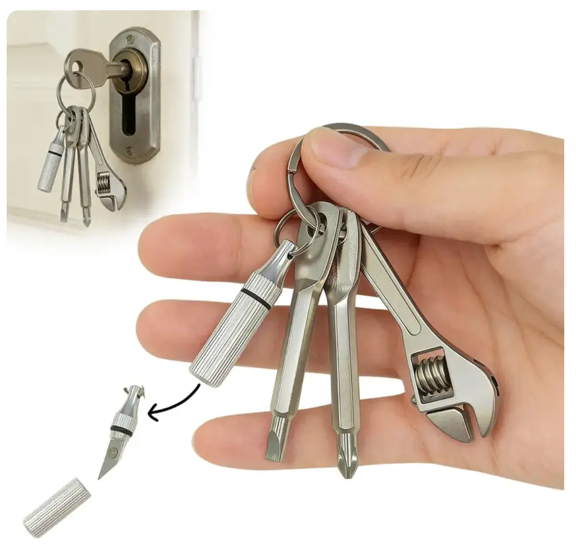 4-in-1 Metal EDC Keychain Tool, Mini Key Ring Pendant, Screwdriver Shape, Pocket Wrench Charm, Decorative Gift for Men (Car Keys, Backpack)