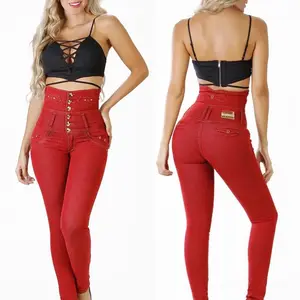 Jeans Colombiano Costillero Ref1285 High-Waisted Red Denim with Gold Buttons and Zipper Detail