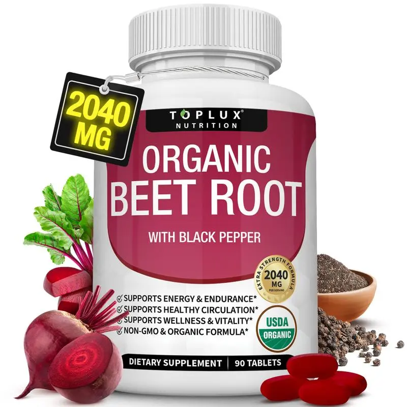 Toplux Organic Beet Root Tablets, 2040mg High Potency Nitric Oxide Booster with Black Pepper Extract,Supports Circulation, Heart Health, Energy & Endurance, USDA Organic Non-GMO, 90 Vegan Tablets for Men Women Topluxgluten-free formula  Supplement Vitamin