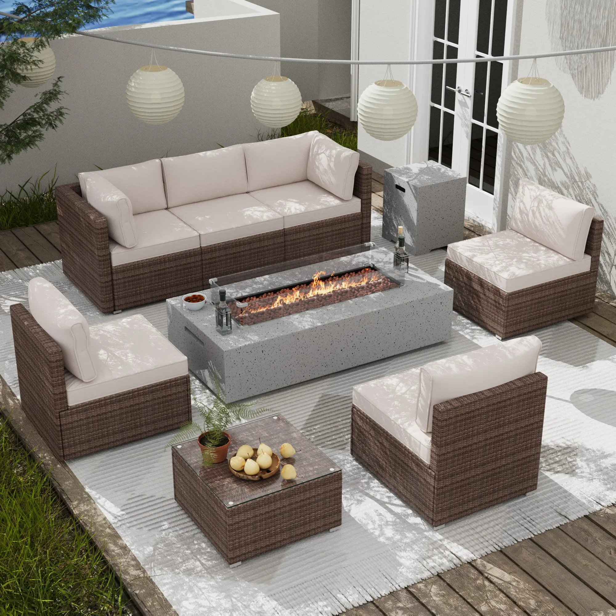 NAGA BAHNA 10 Piece All-Weather Patio Furniture Set with 43” Fire Pit Table Wicker Rattan Outdoor Sectional Sofa Set with Coffee Table and Thickened Cushions porch furniture Wicker Modern Conversation Furniture Set outdoor furni tur outdoor wicker sofa