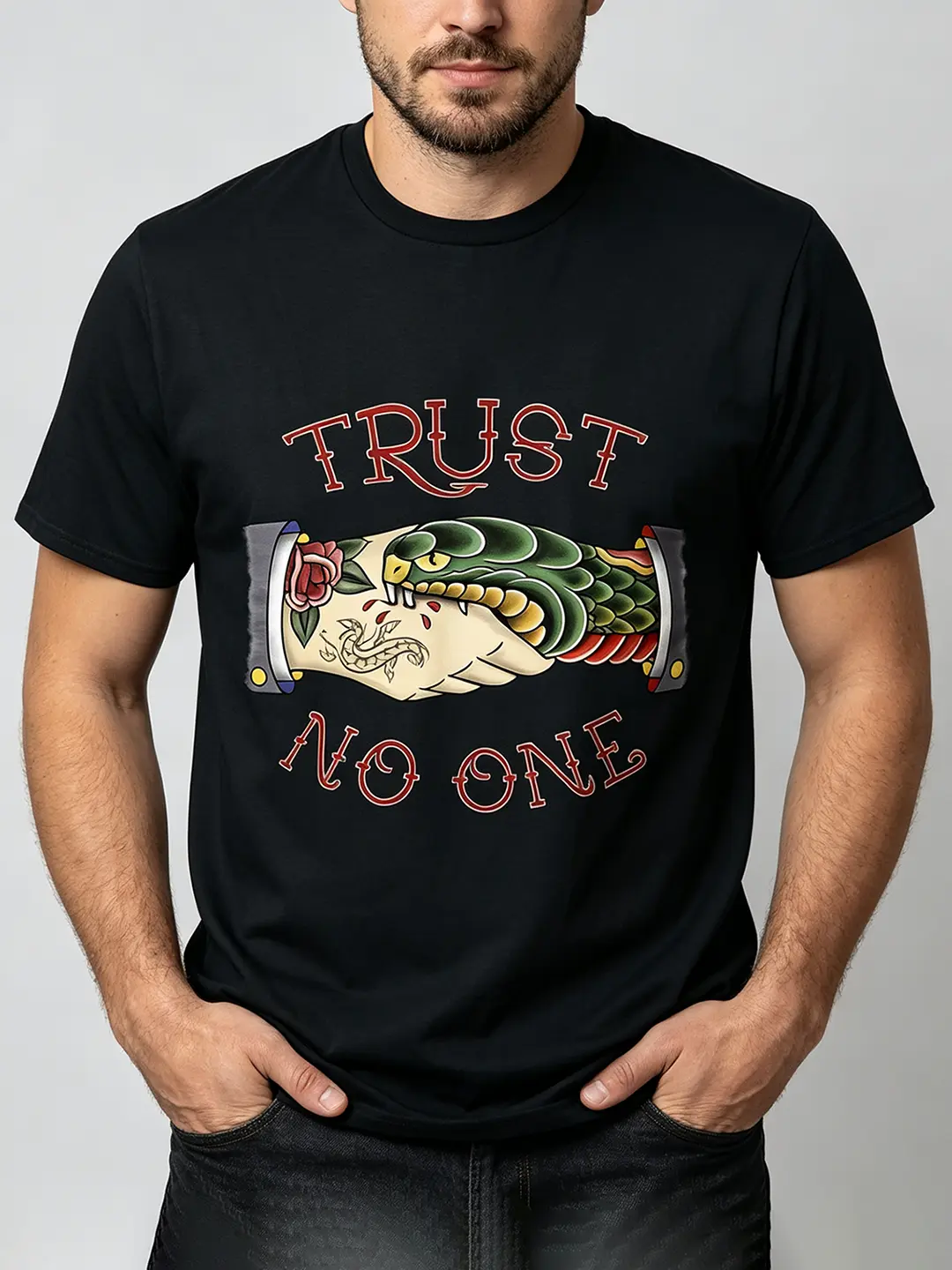 Trust No 1 Snake Handshake T-Shirt | Vintage American Traditional Tattoo Tee | Alternative Streetwear Graphic Shirt