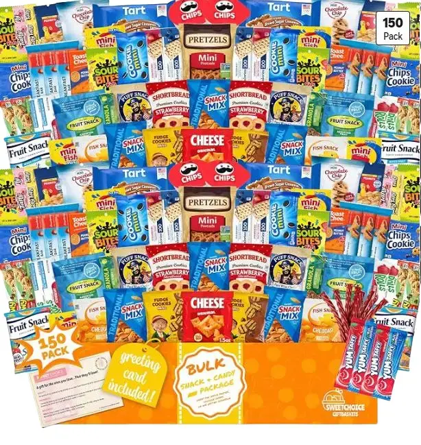 Bulk Snacks Variety Pack for Adults, Kids & Teens (150 Count) | Snack Box Variety Pack with Chips, Cookies & Bars for Office Treats, Birthdays, Travel & Care Package for College Students