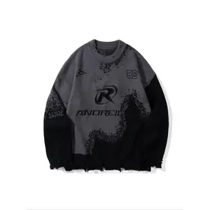 Men's Letter & Figure Pattern Ripped Design Sweater, Loose Casual Drop Shoulder Long Sleeve Round Neck Jumper for Spring & Fall, Fashion Men's Knitwear for Daily Wear