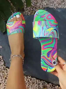 Colorful Tie-Dye Metal Logo Sandals, European Style Fashion Open-Toe Slippers, Non-Slip Soft Sole Beach Shoes, Women's Summer Casual Footwear, Unique Sandals