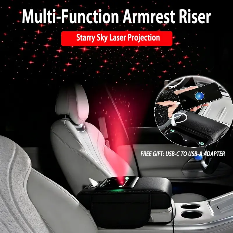 7-in-1 Arm Rest Cover for Car - Memory Foam Console, Cup Holder & Tissue Box Combo, LED Projector, Waterproof Car Interior Accessories, Car Stuff