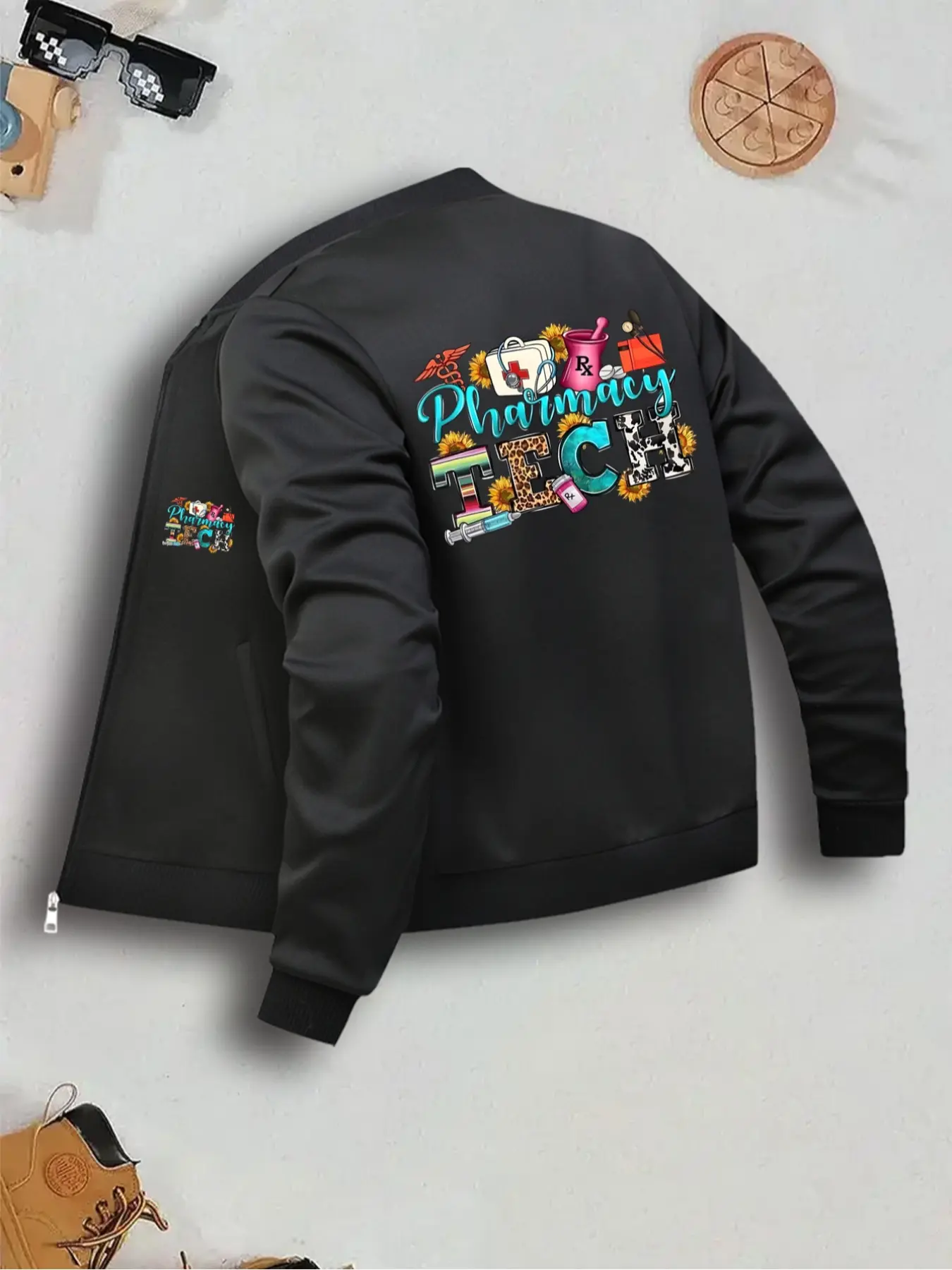 Women's Medical Theme Workwear Print, Zipper Nurse Jacket Coats Knit Pockets, Comfortable Fashionable Work Uniform, Long Sleeve Fitted Design, Fall & Winter